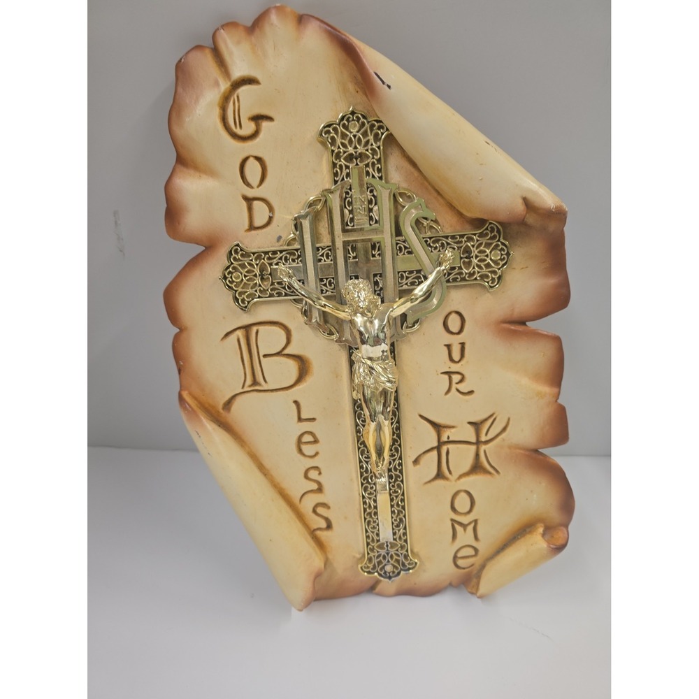 VTG God Bless Our Home Wall Hanging Textured Scroll Cabin 1970s